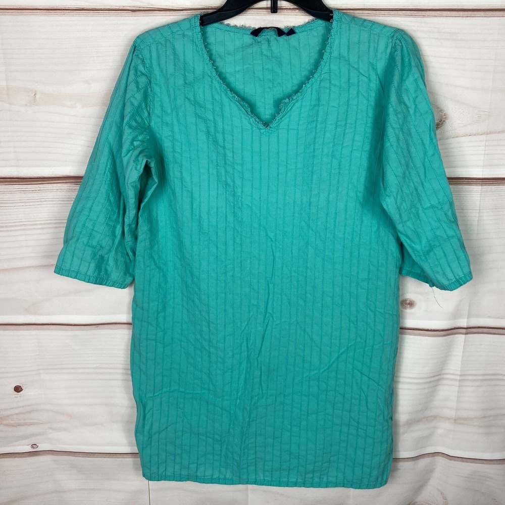 Srishti Top Womens L Green 3/4 Sleeve Tunic Indian Kurti Bead Neck Cotton Blouse